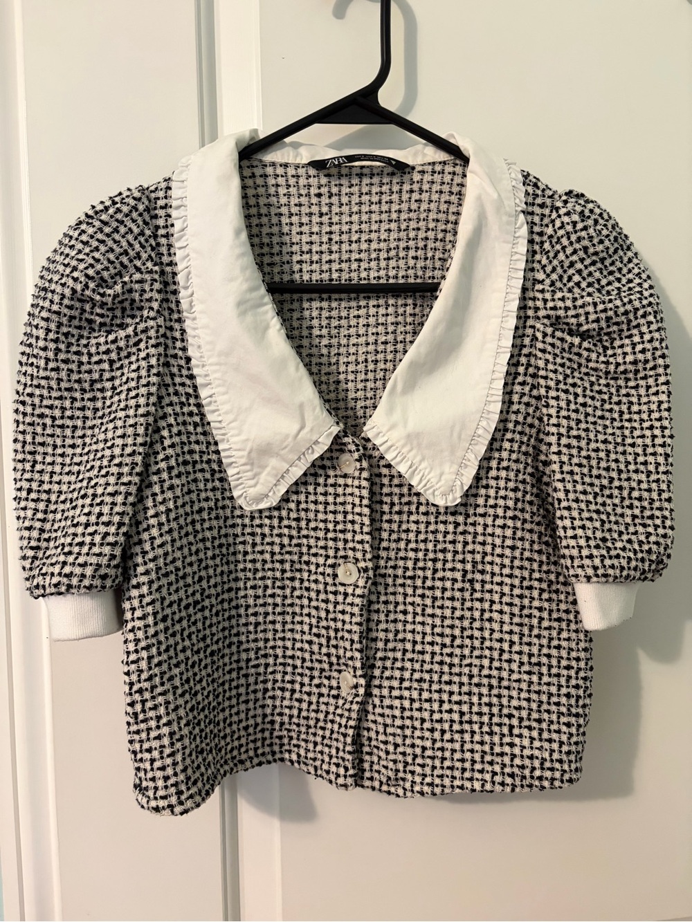 Zara Black & White Tweed Button-Front Top with White Peter Pan Collar
